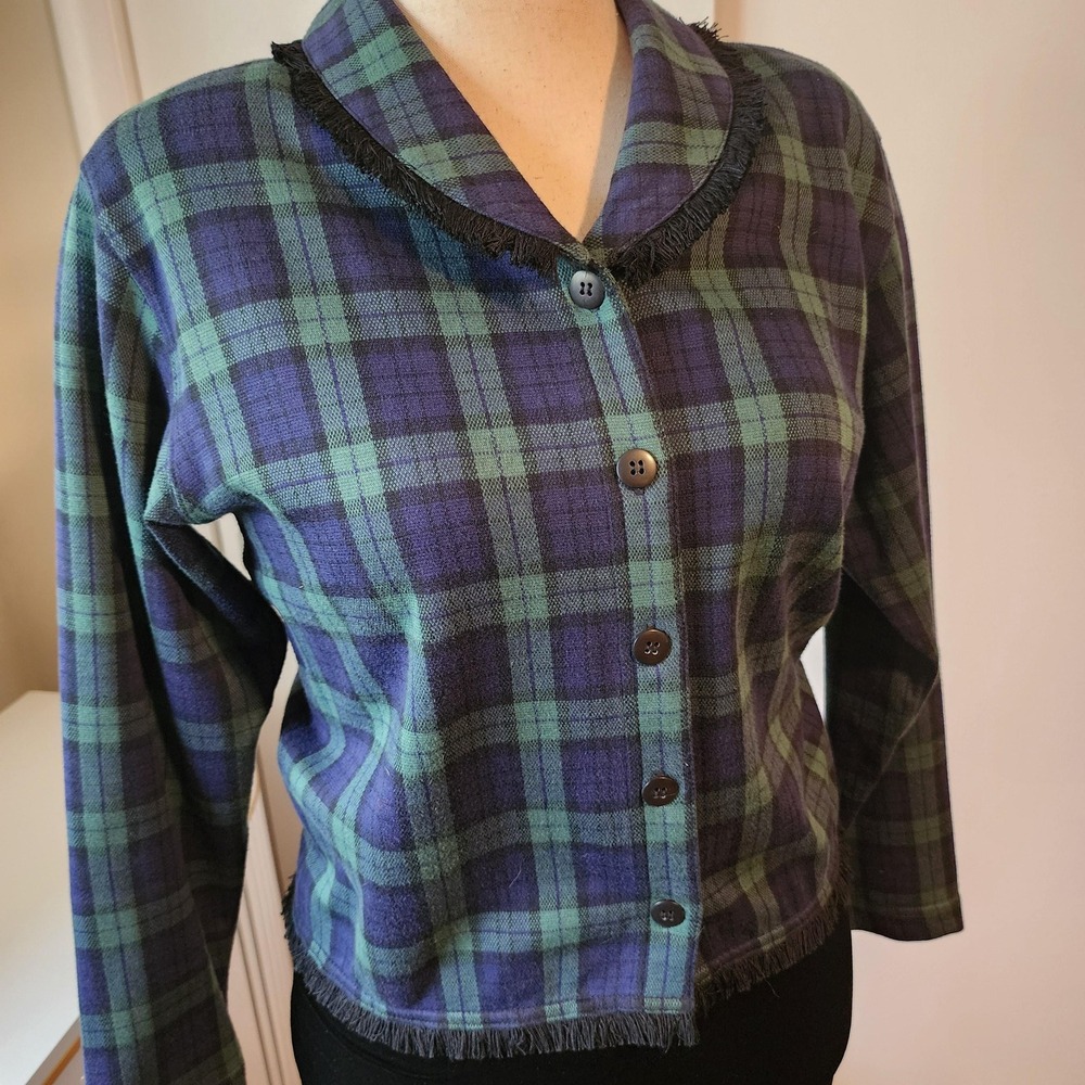 PS blue & green plaid blazer jacket vintage clothing, 100% cotton fringe accents